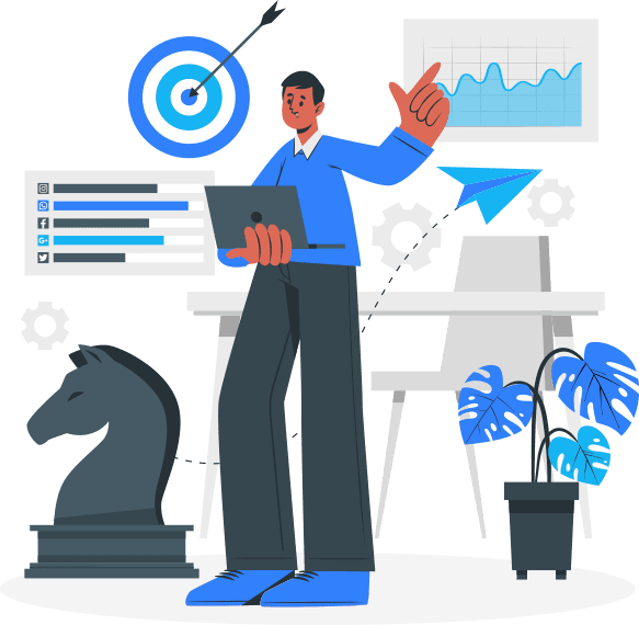Illustration of a marketer with a laptop beside a target, social media metrics and an analytics chart